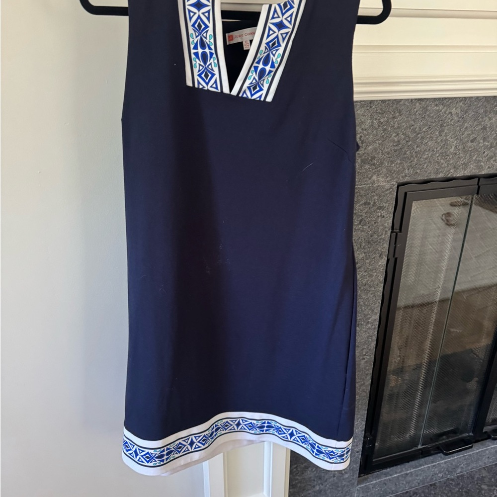 Jude Connally Navy Dress with Blue and White Geometric Trim